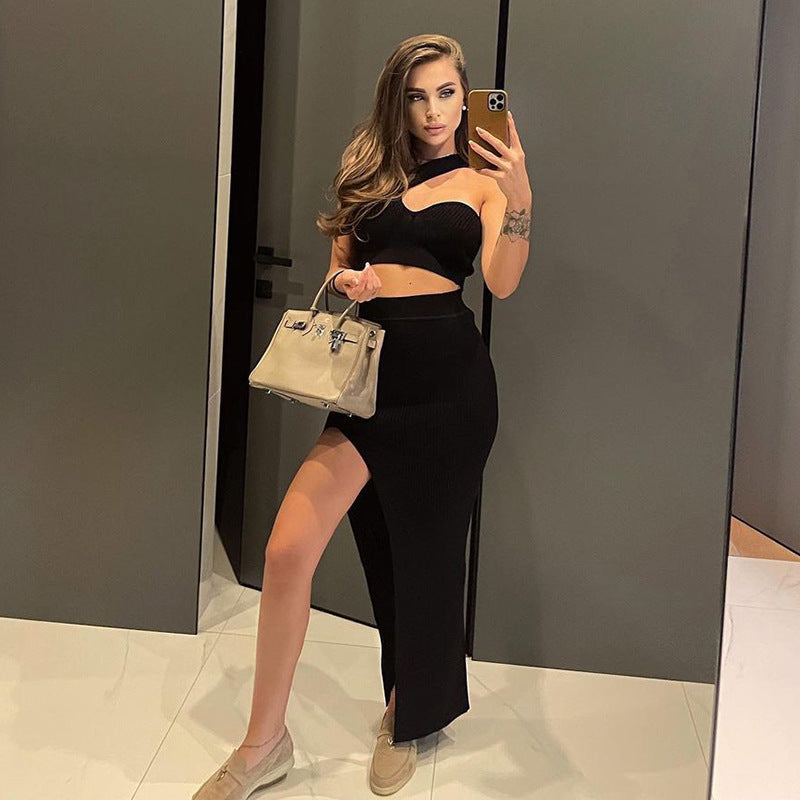 Slim Fit Sexy Hot Girl Outfit Solid Color Slit Thread Skirt Set